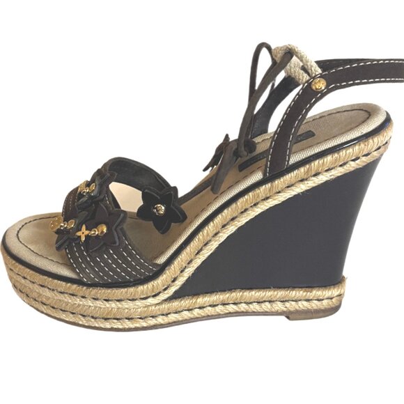 Louis Vuitton Brown Suede/Patent Leather Logo Charms Wedge Sandals Sz 36.5 -6.5 - Picture 2 of 16